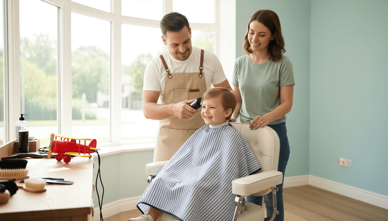Young child getting a haircut and smiling at the barber