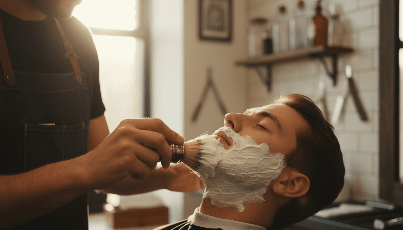 Barber applying shaving cream with a brush to a man's jawline