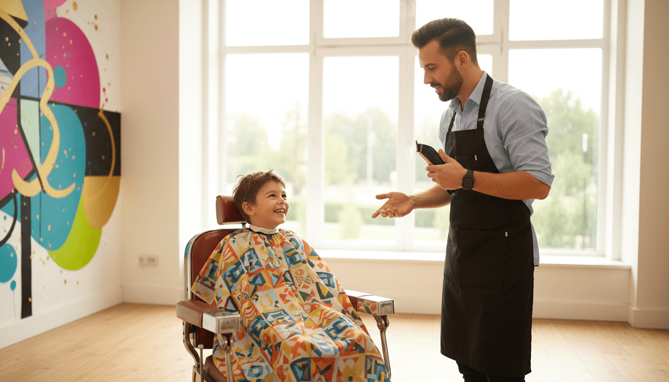 Young boy getting a haircut in a barbershop