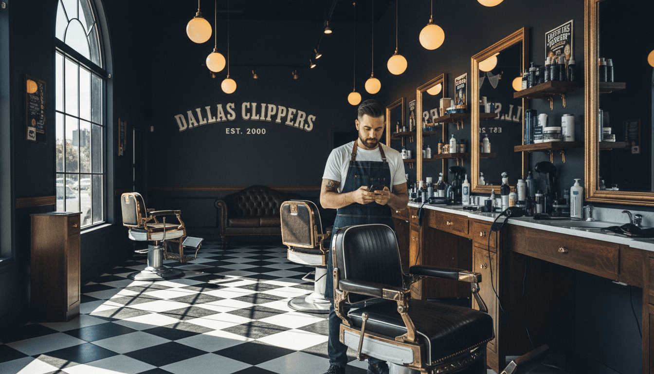 Barber viewing nearby barbershops on Reserva Now in a Dallas barbershop