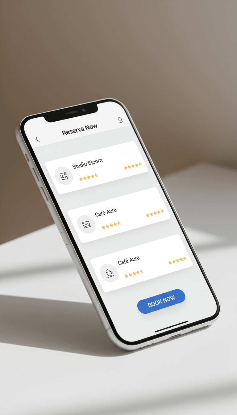 Smartphone displaying Reserva Now booking interface with service listings and ratings