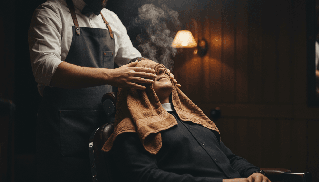 Barber placing a hot towel over a client's face in a barber chair