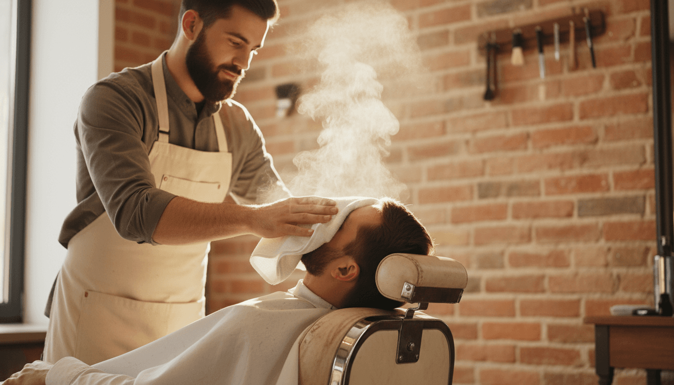 Barber placing hot towel on client's face