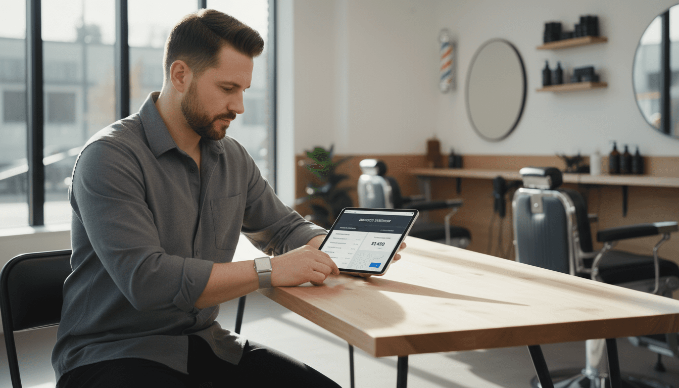 Barbershop owner engaged with their Reserva Now dashboard on a tablet
