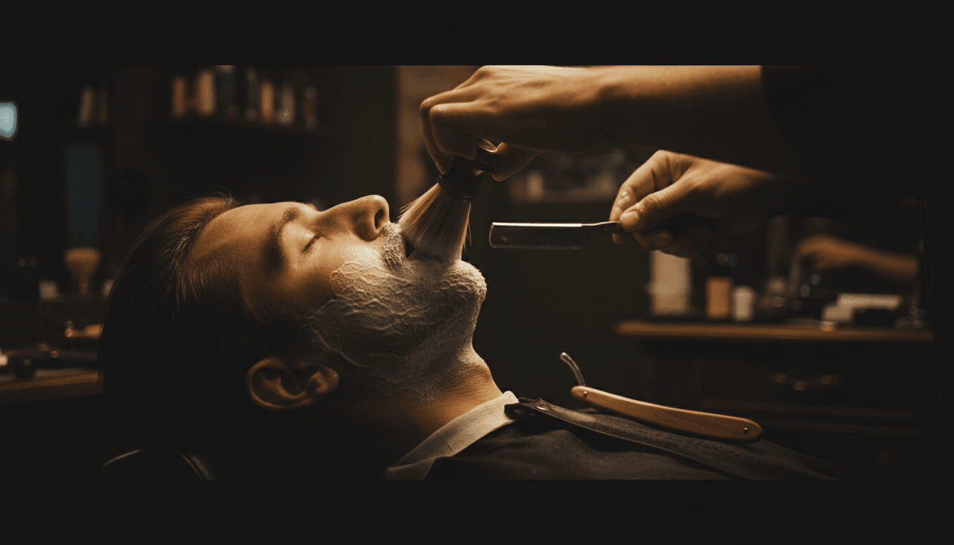 Barber applying shaving lather to client's face