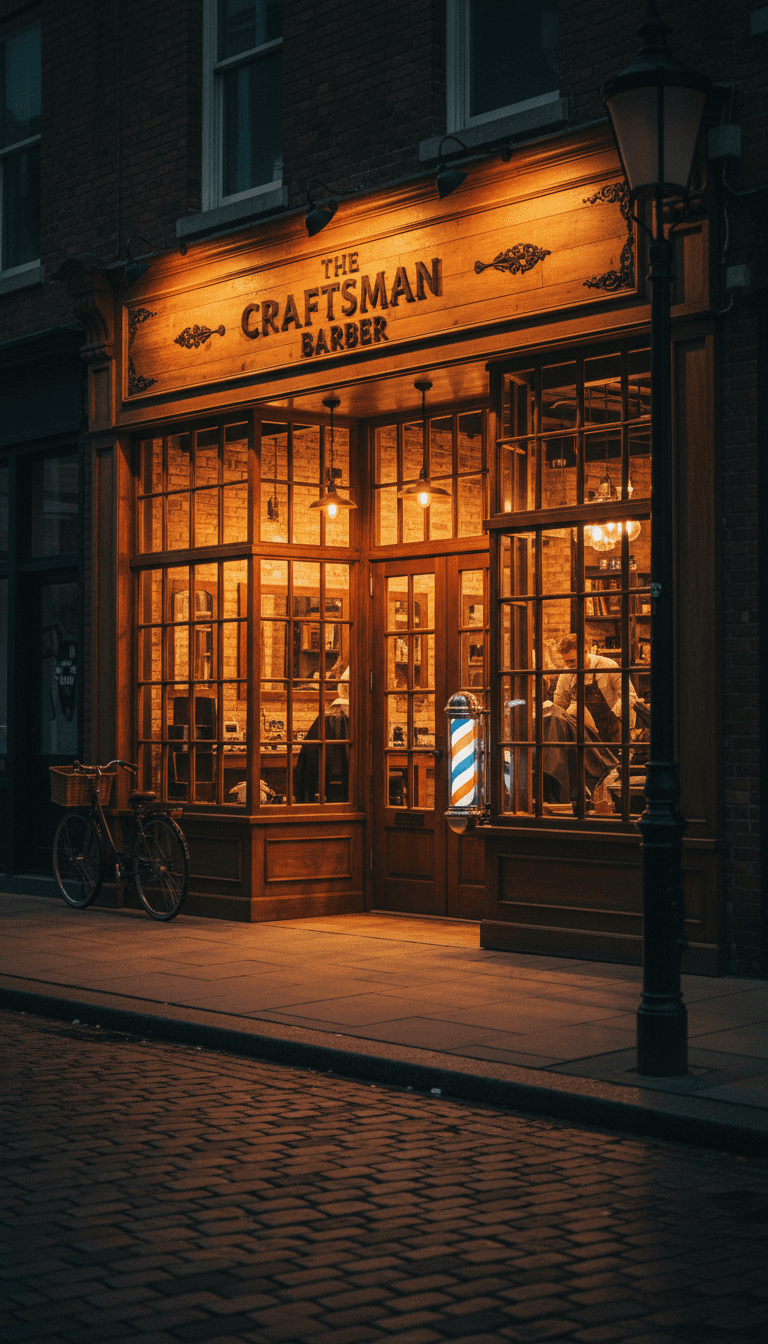Barbershop storefront at night with warm lighting