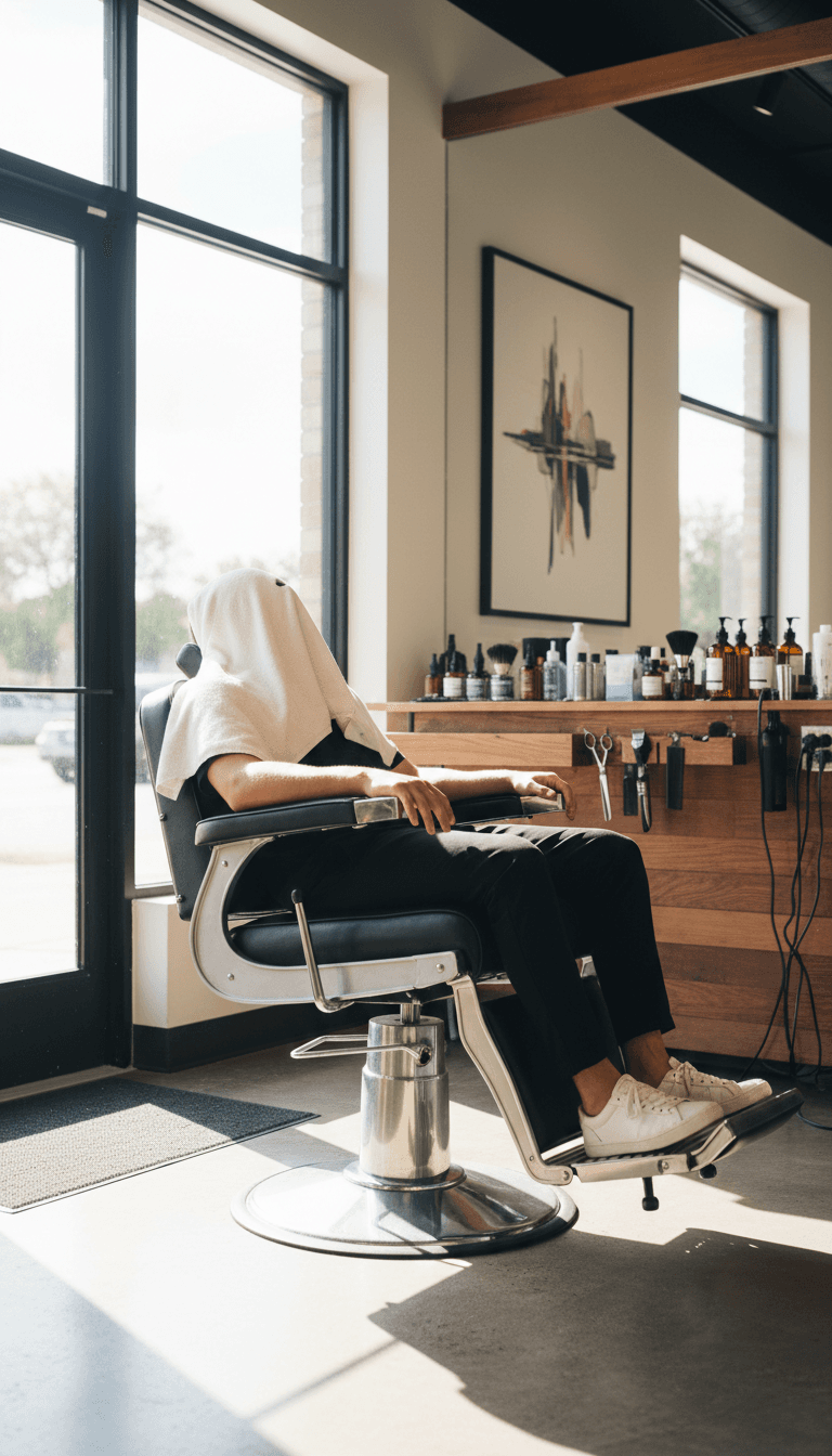 Client relaxing with a hot towel in a barber chair