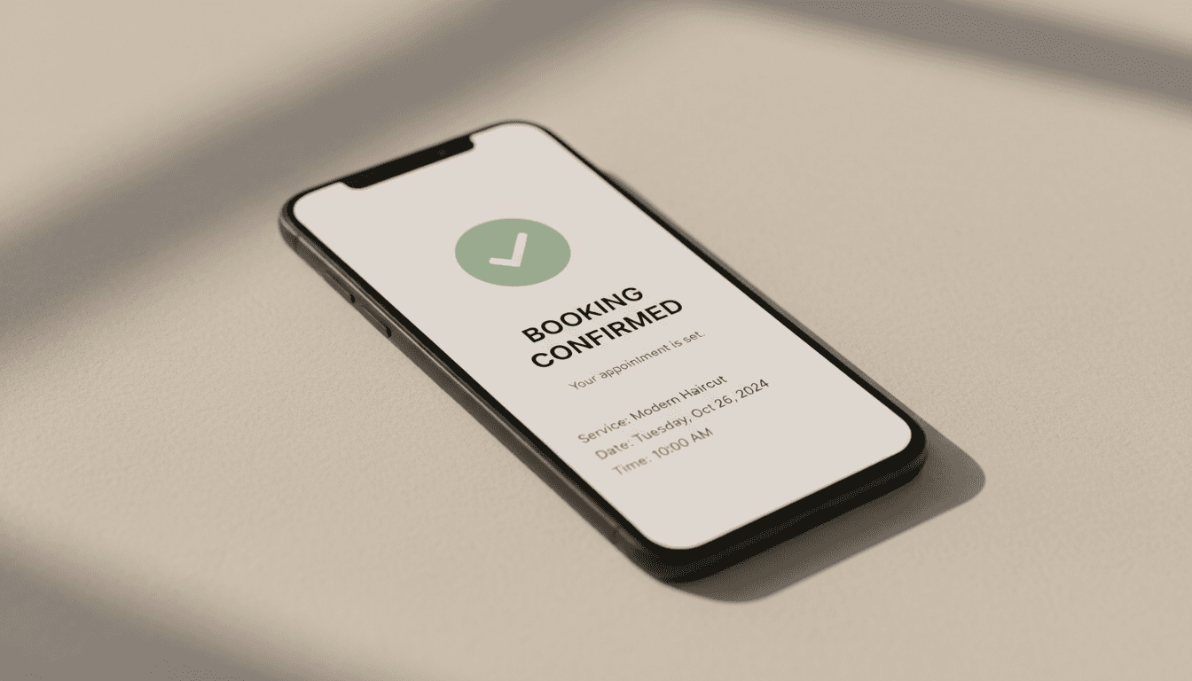 Smartphone displaying a completed booking confirmation with appointment details and green checkmark