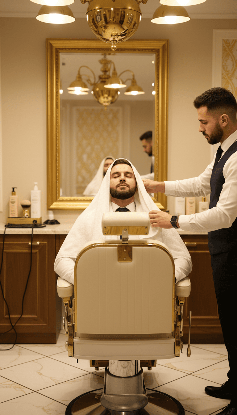 Client receiving hot towel shave treatment in barber chair at Sharp Edge