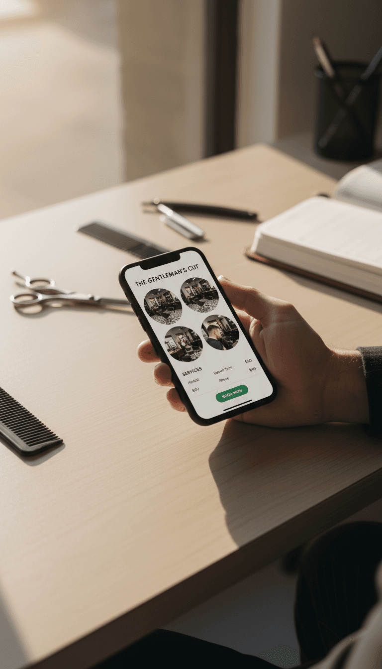 Barbershop owner viewing their Reserva Now profile on mobile phone