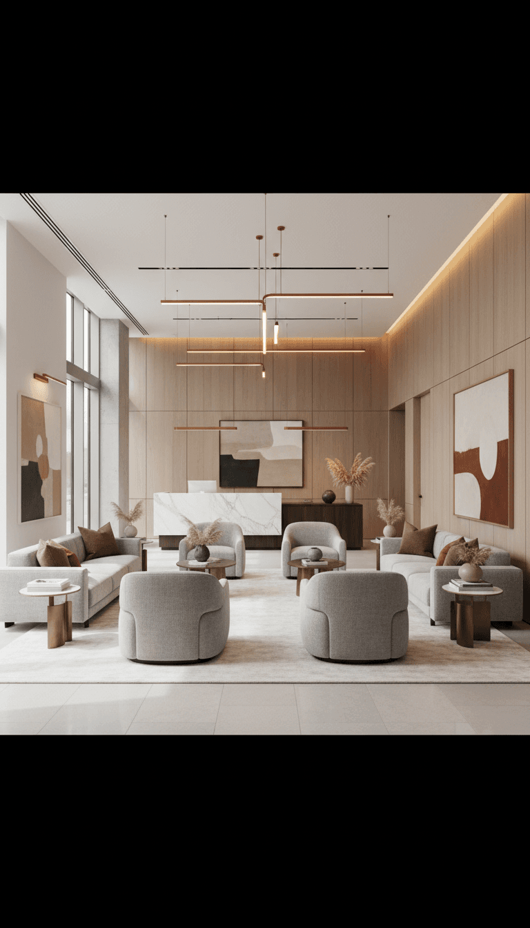 Upscale waiting area at Sharp Edge Barbershop with modern furnishings and lighting