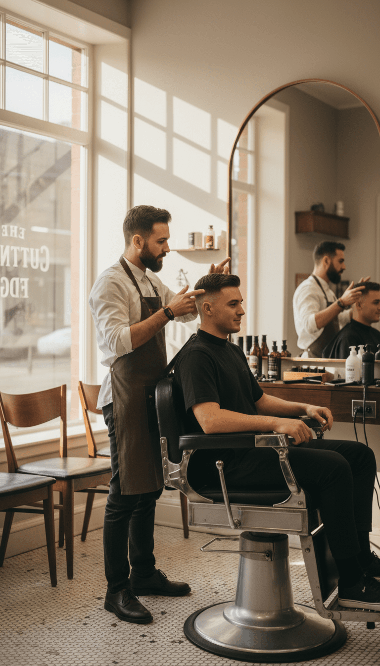 Barber discussing style options with client