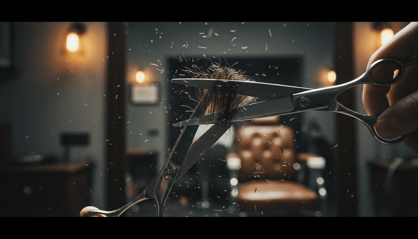 Barber scissors cutting hair with clipped strands suspended in air