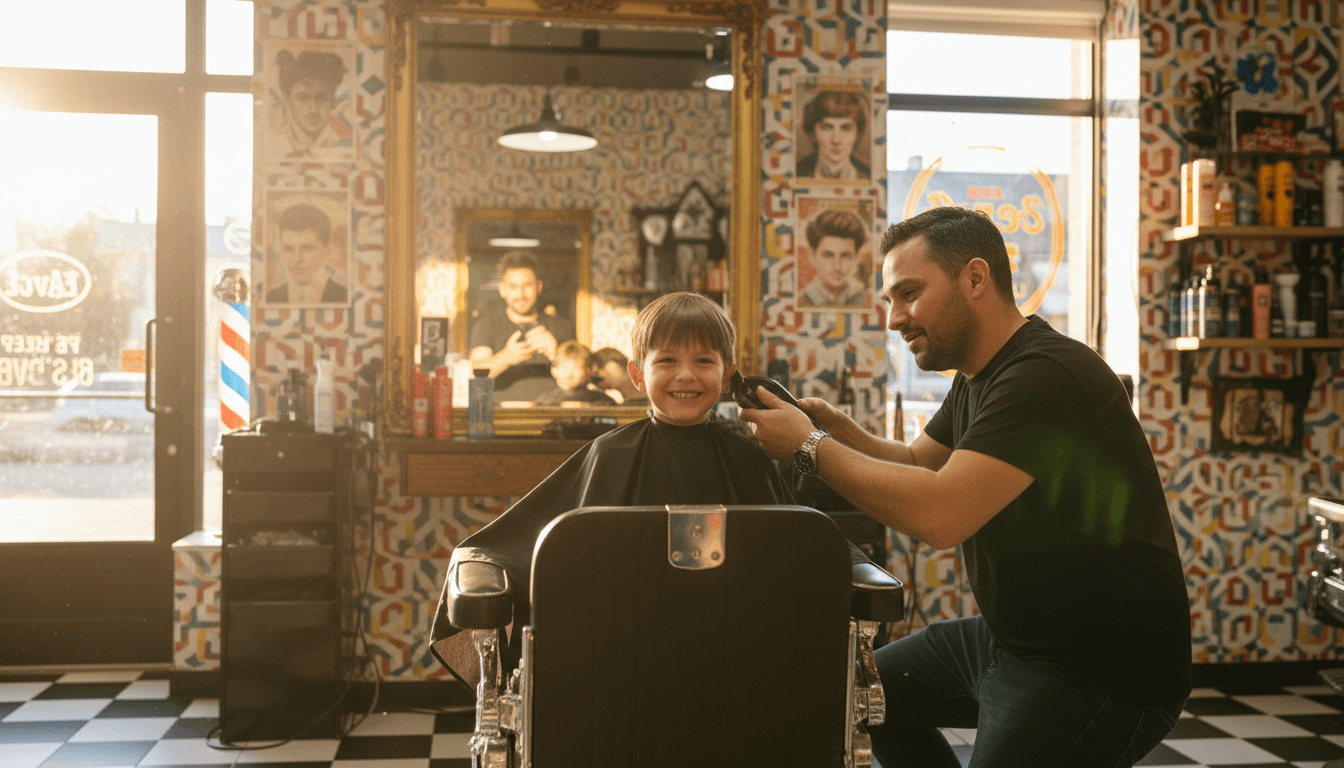 Young boy smiling in barber chair while barber trims his hair