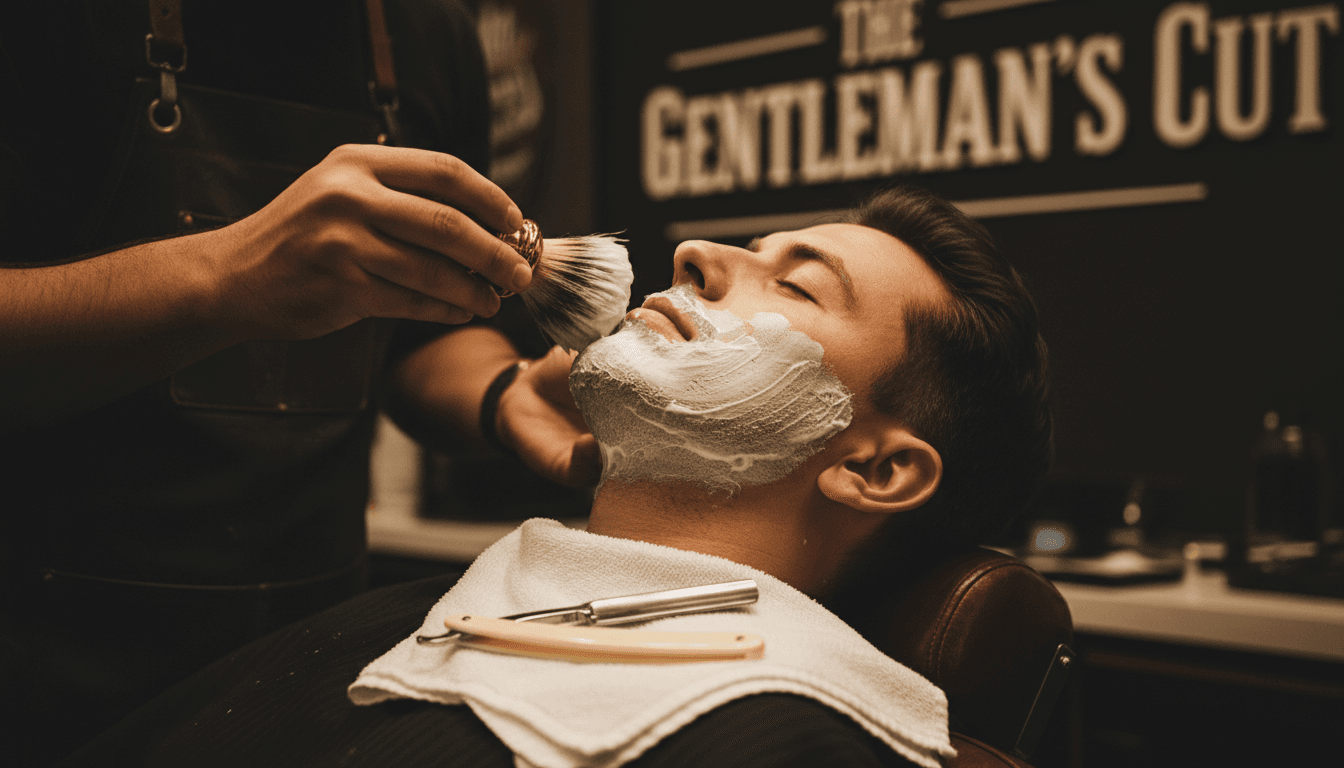 Barber applying hot lather and preparing for a classic shave at a premium barbershop