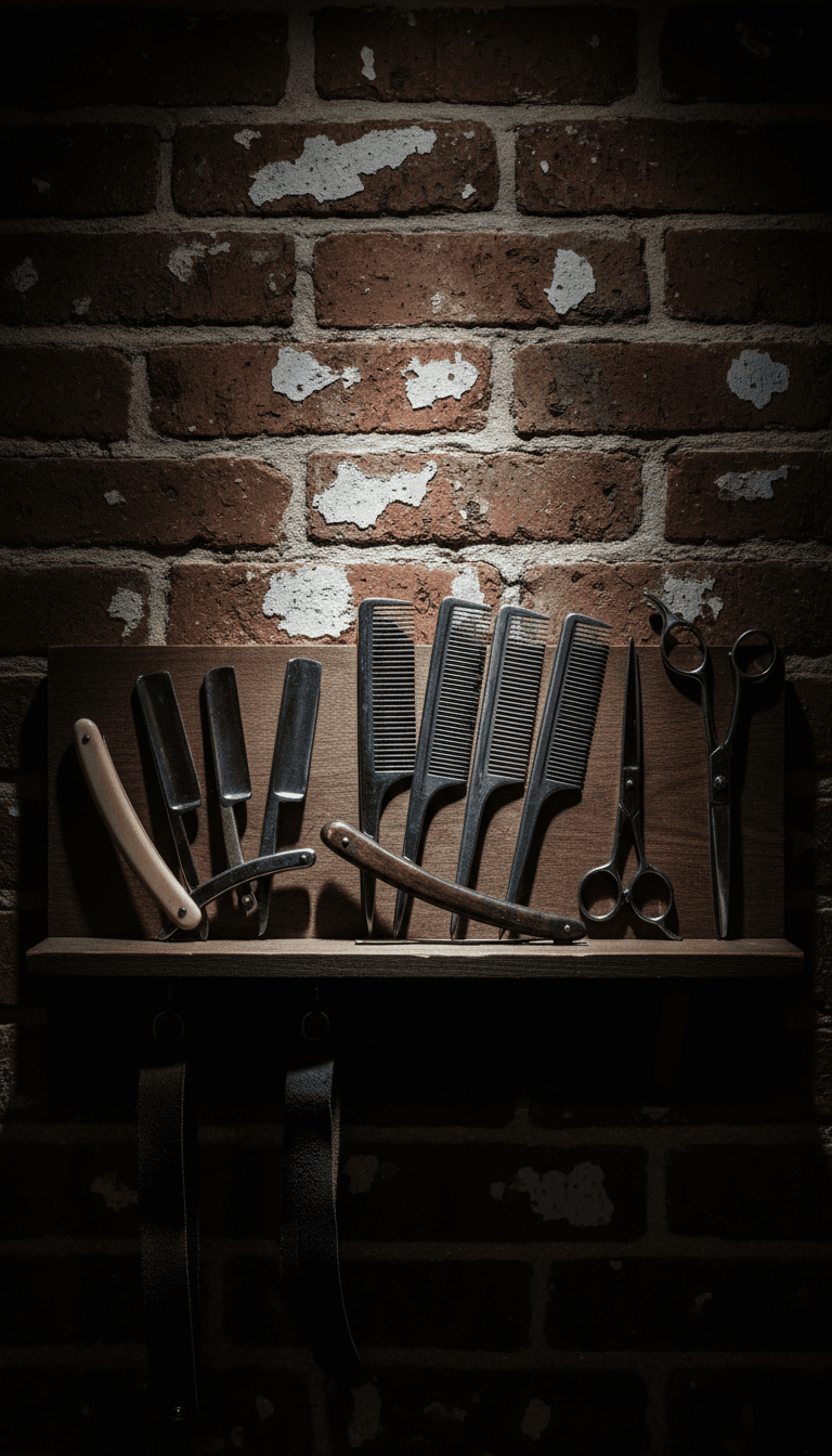 Vintage barber tools on weathered wooden shelf