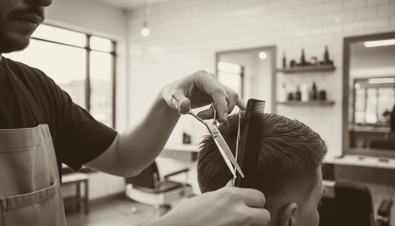 Barber cutting hair with scissors and comb