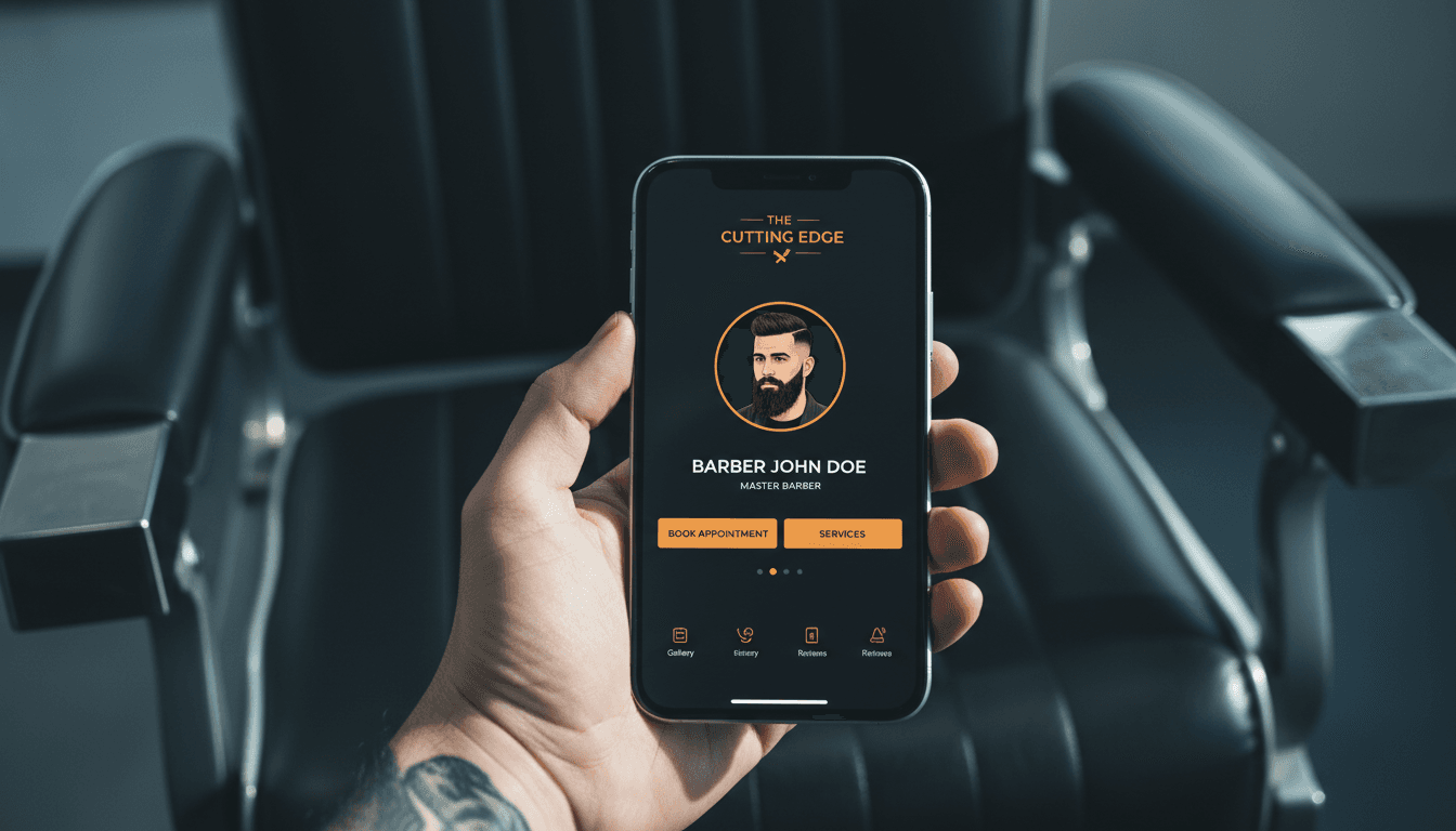 Smartphone showing a barber profile on Reserva Now