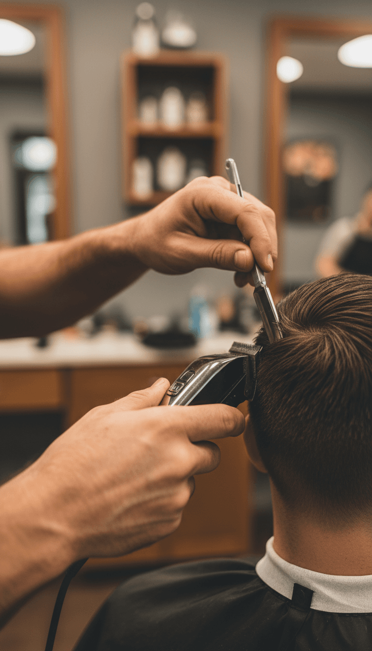 Barber's hands performing precision fade cut with clippers and straight razor