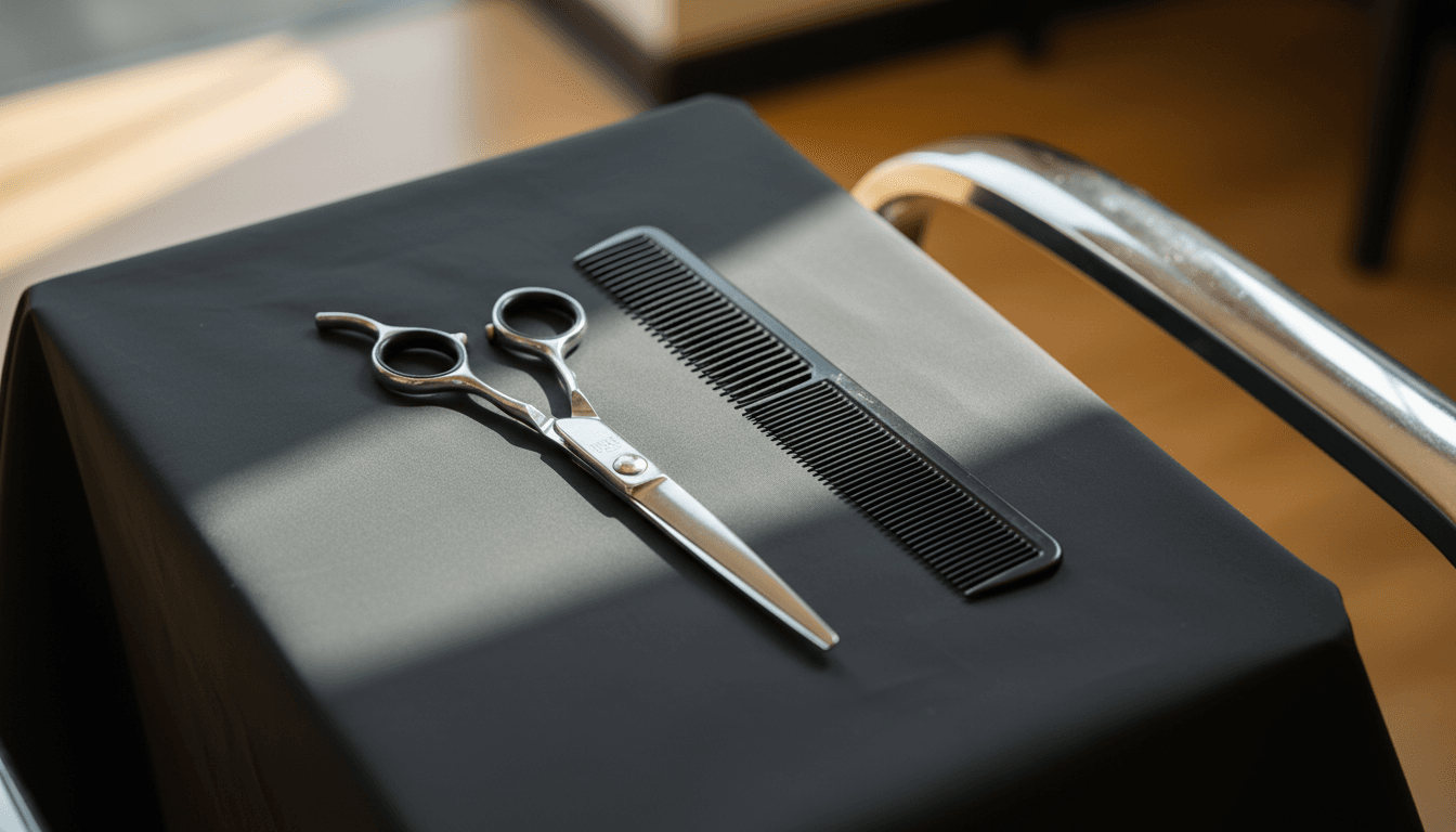 Barber scissors and comb resting on a dark barber cape with a blurred barbershop background