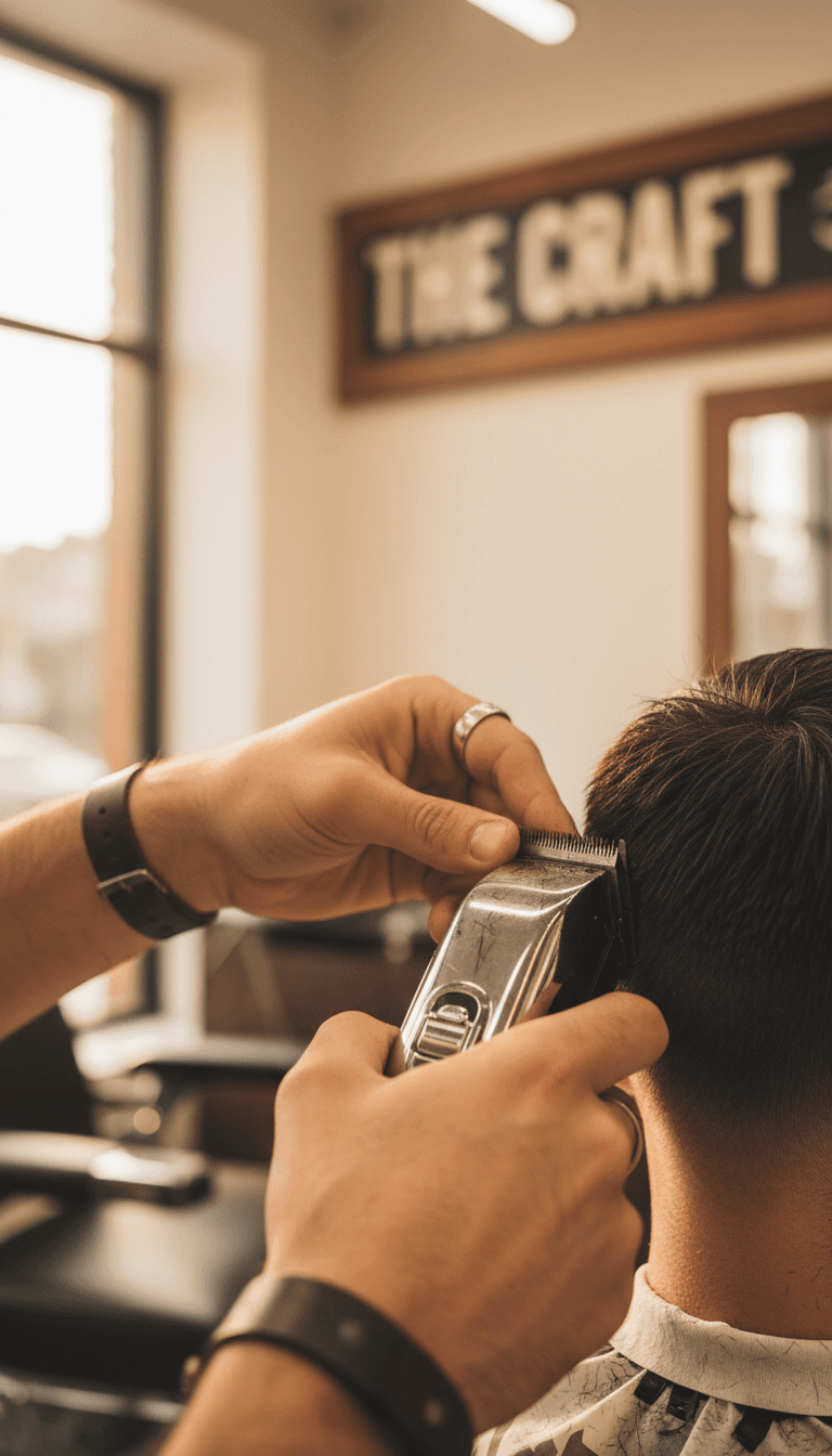 Barber executing a precise fade with clippers