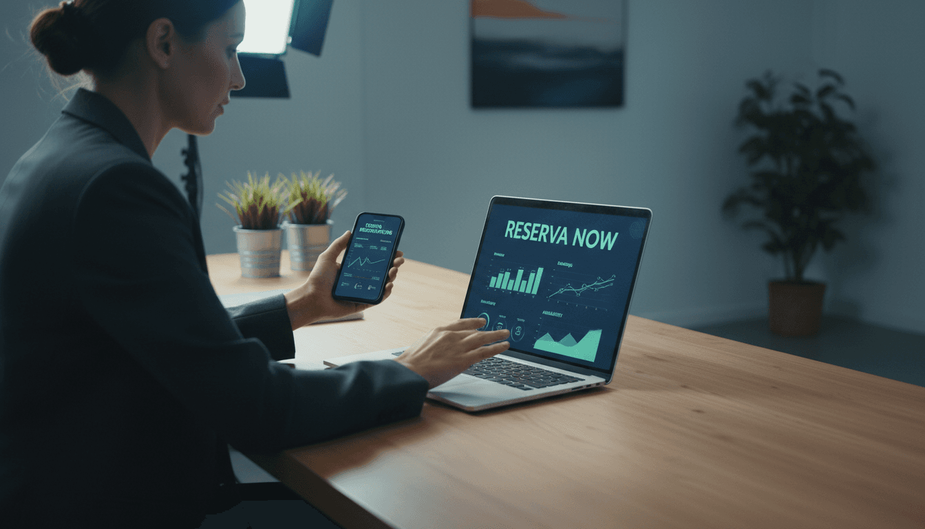 Business owner reviewing Reserva Now dashboard on laptop and mobile device at desk