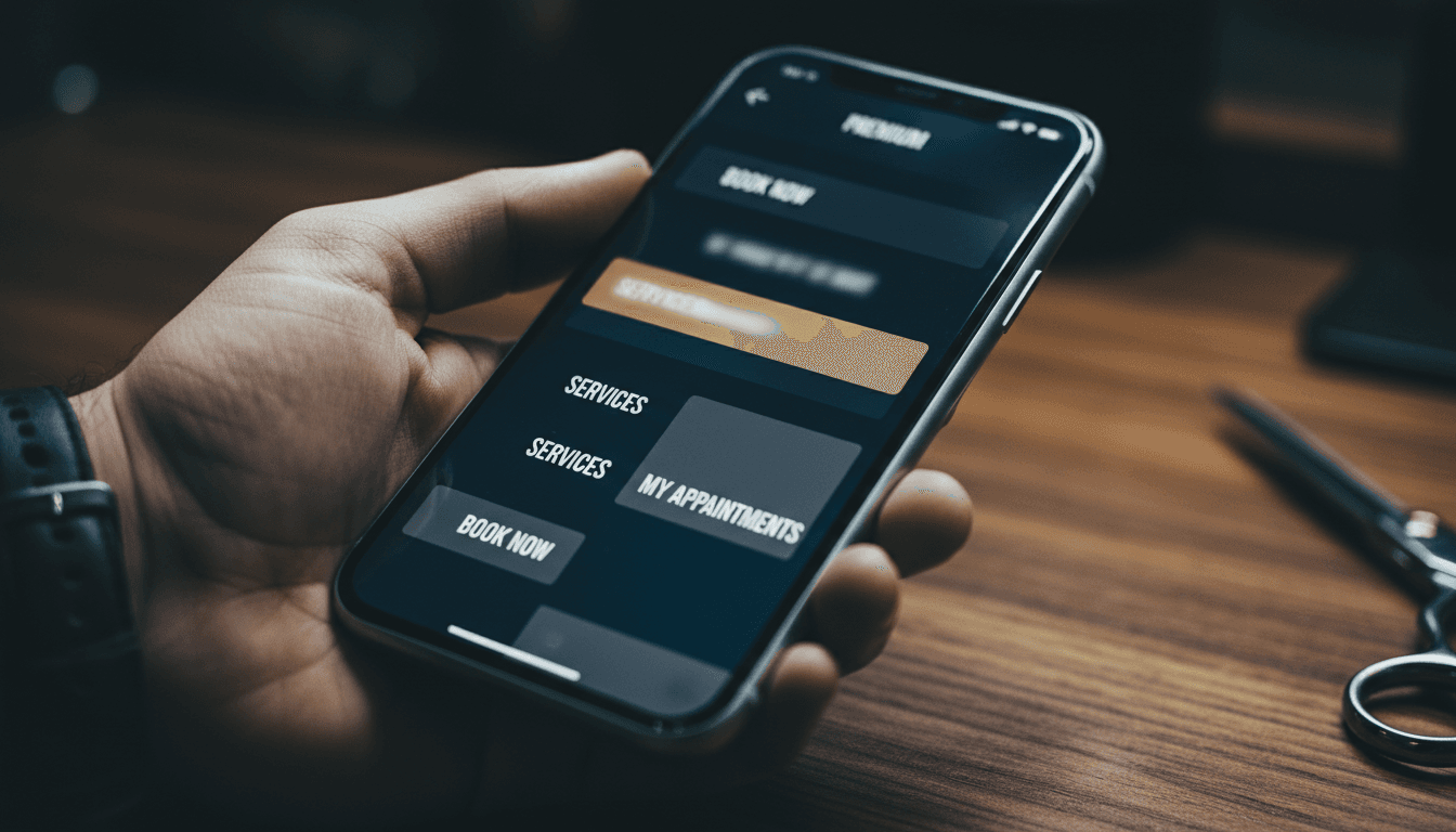 Smartphone displaying a blurred barber booking app interface on a wooden counter