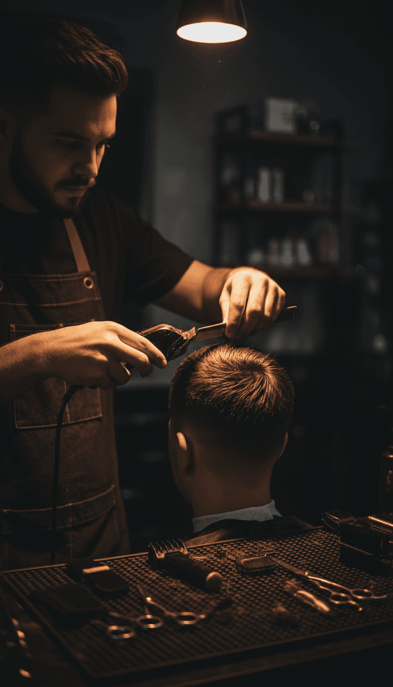 Barber shaping a fade haircut in an Irving barbershop
