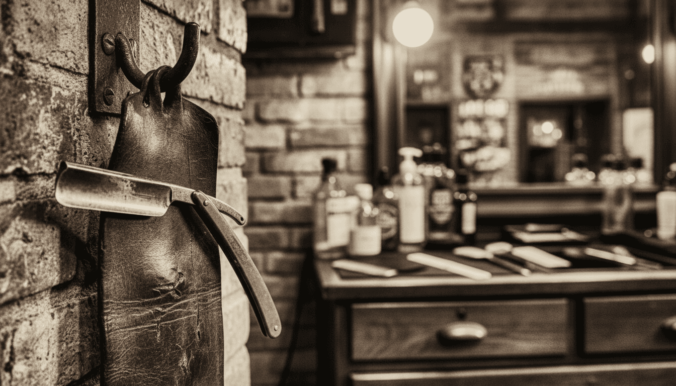 Straight razor being stropped on leather in a barbershop