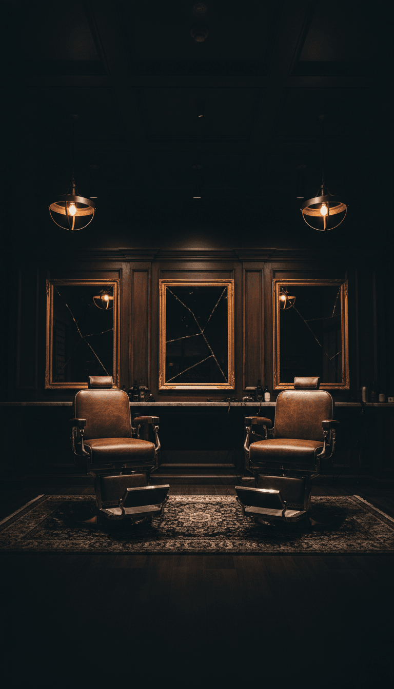 Upscale barbershop interior with leather chairs