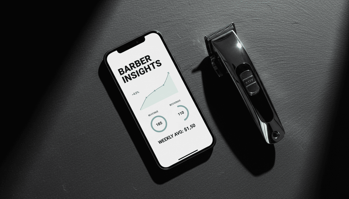 Smartphone displaying Reserva Now analytics dashboard next to barber tools