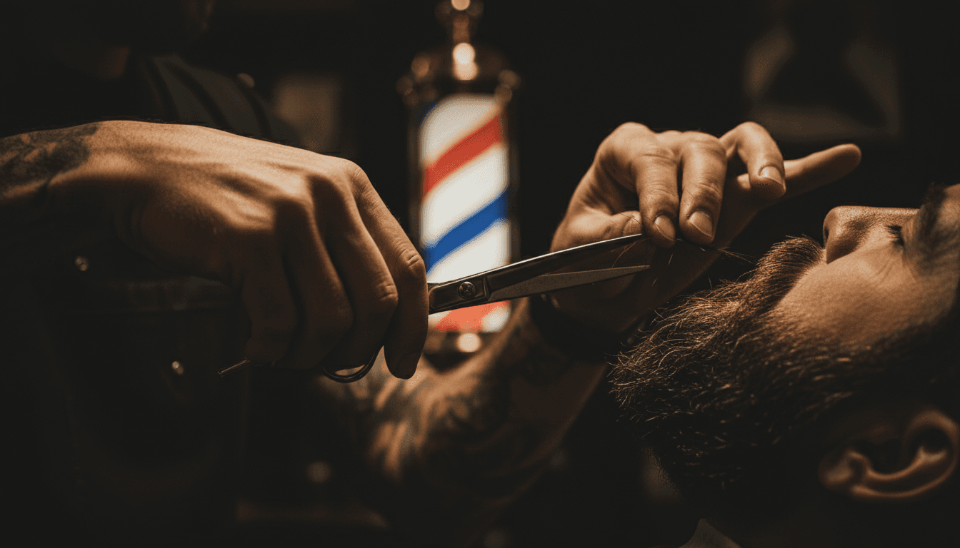 Barber's hands trimming a beard with scissors in a dimly lit shop