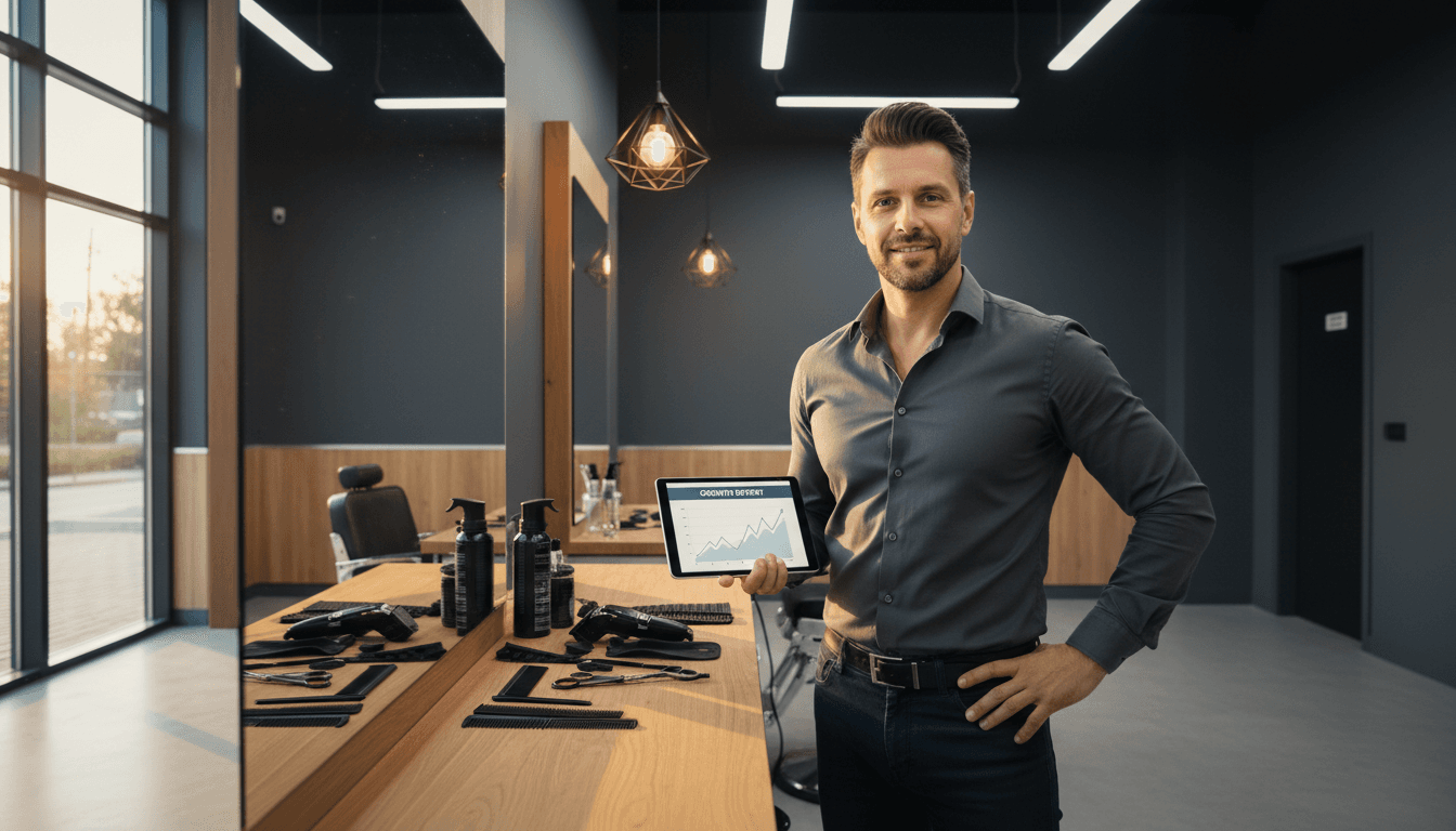 Barbershop owner reviewing business performance metrics on tablet in modern shop
