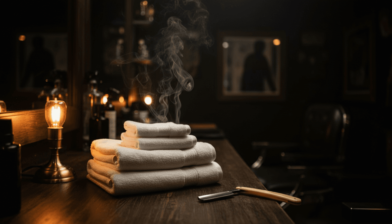 Stack of steaming hot towels in a dimly lit barbershop