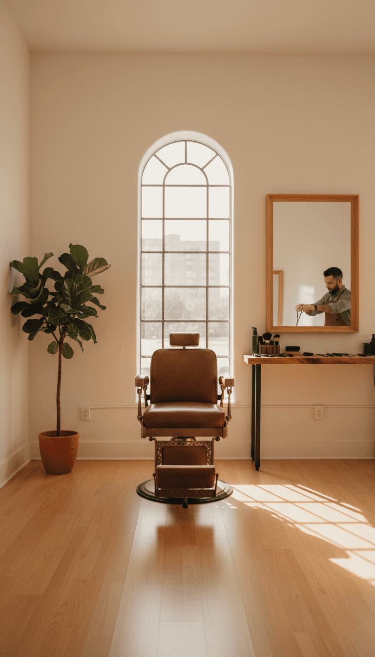Interior of an Irving barbershop with a leather chair and morning light