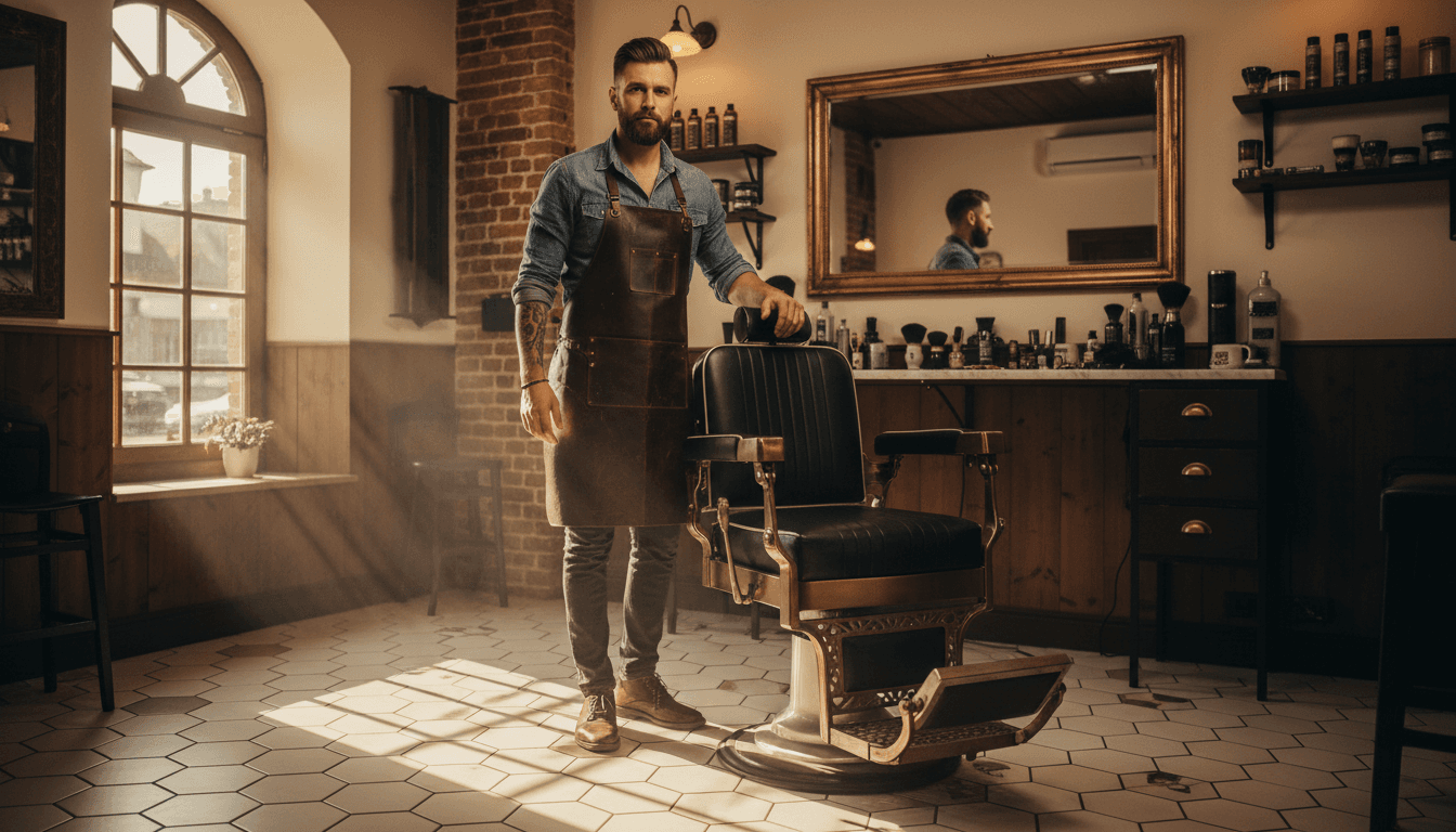 Classic barbershop interior with leather chair and vintage tiles