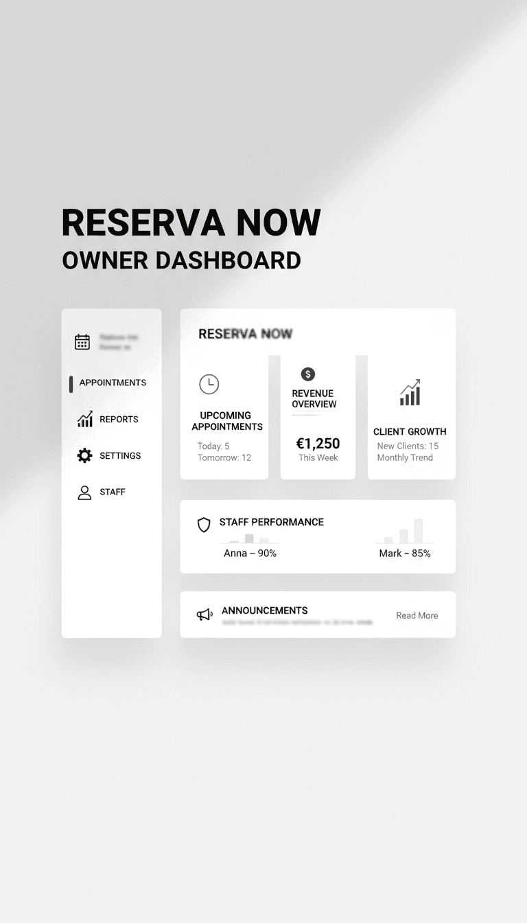 Reserva Now business owner dashboard with management cards