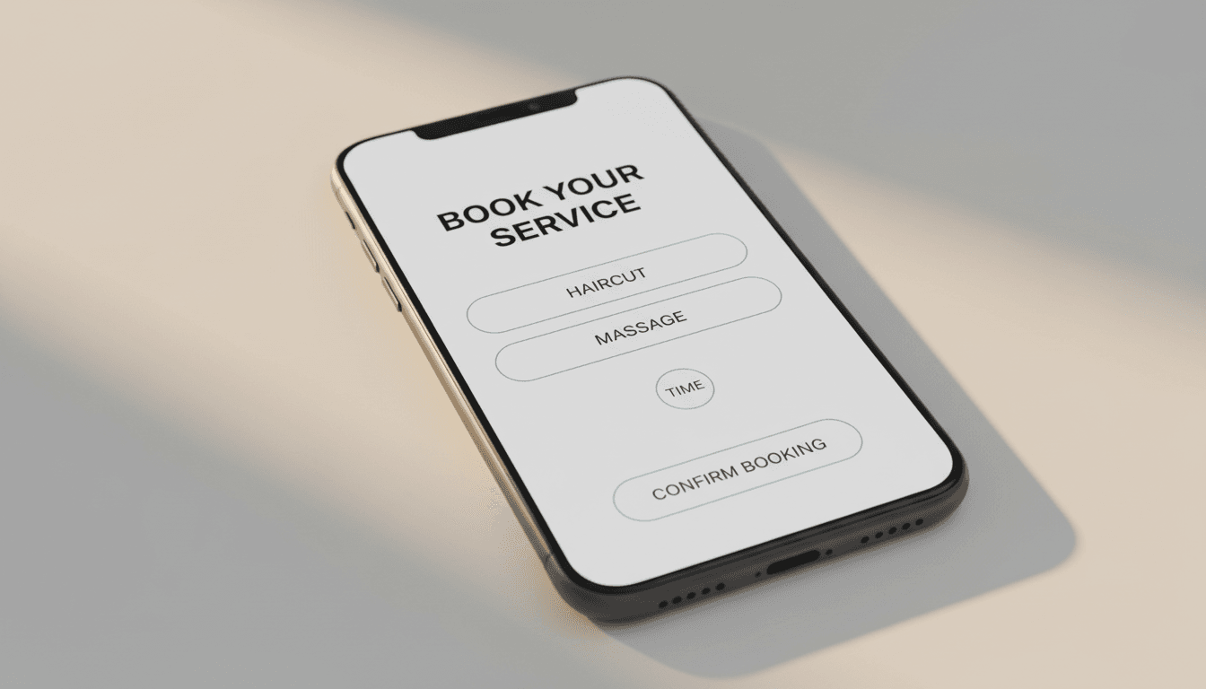 Smartphone displaying Reserva Now booking interface on a clean white surface
