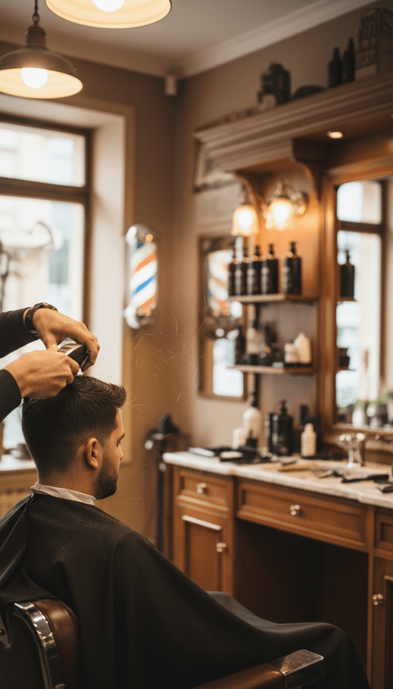 Barber performing a precision fade haircut with clippers