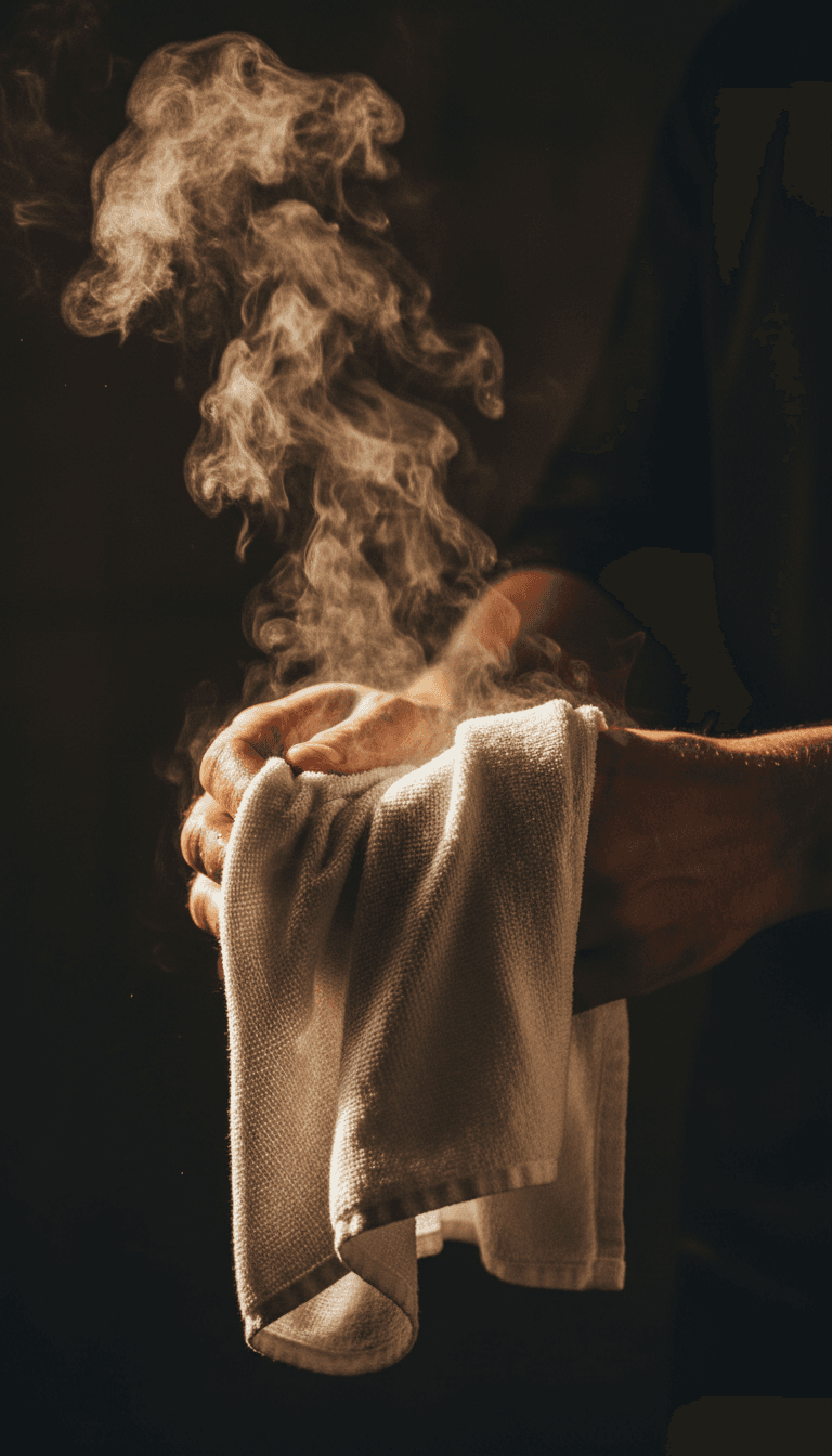 Hot towel preparation with rising steam