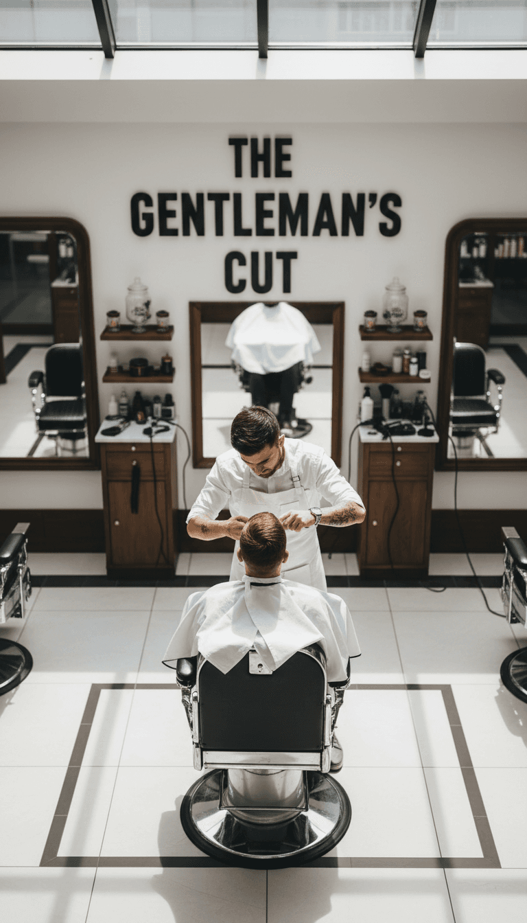 Overhead view of barbershop interior during service
