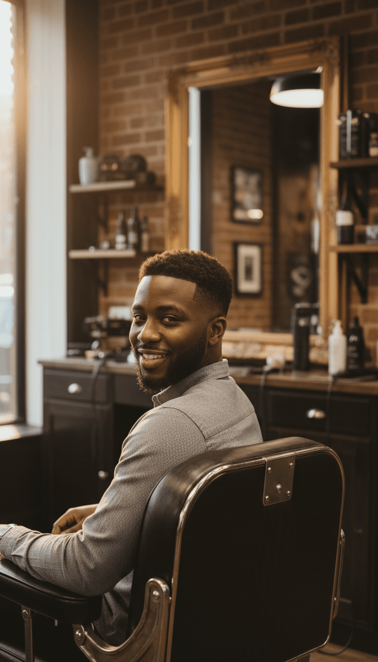 Client showing off a finished fade and cut