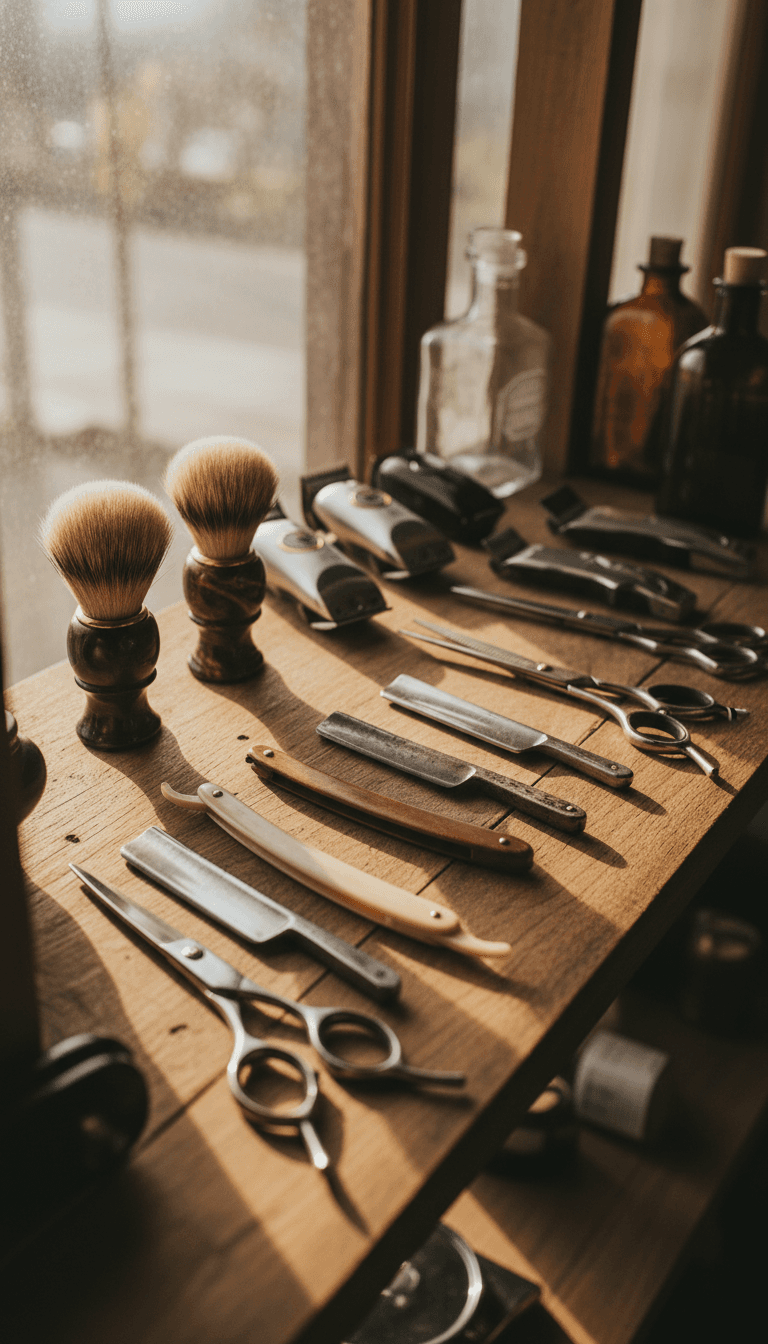 Collection of premium barber tools including razors, clippers, and scissors on wooden shelf