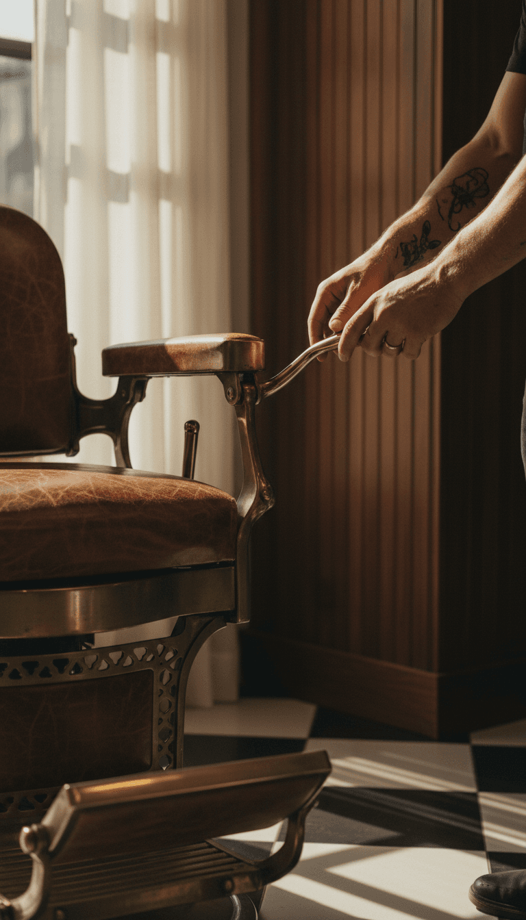 Barber adjusting a leather chair in a warm shop interior