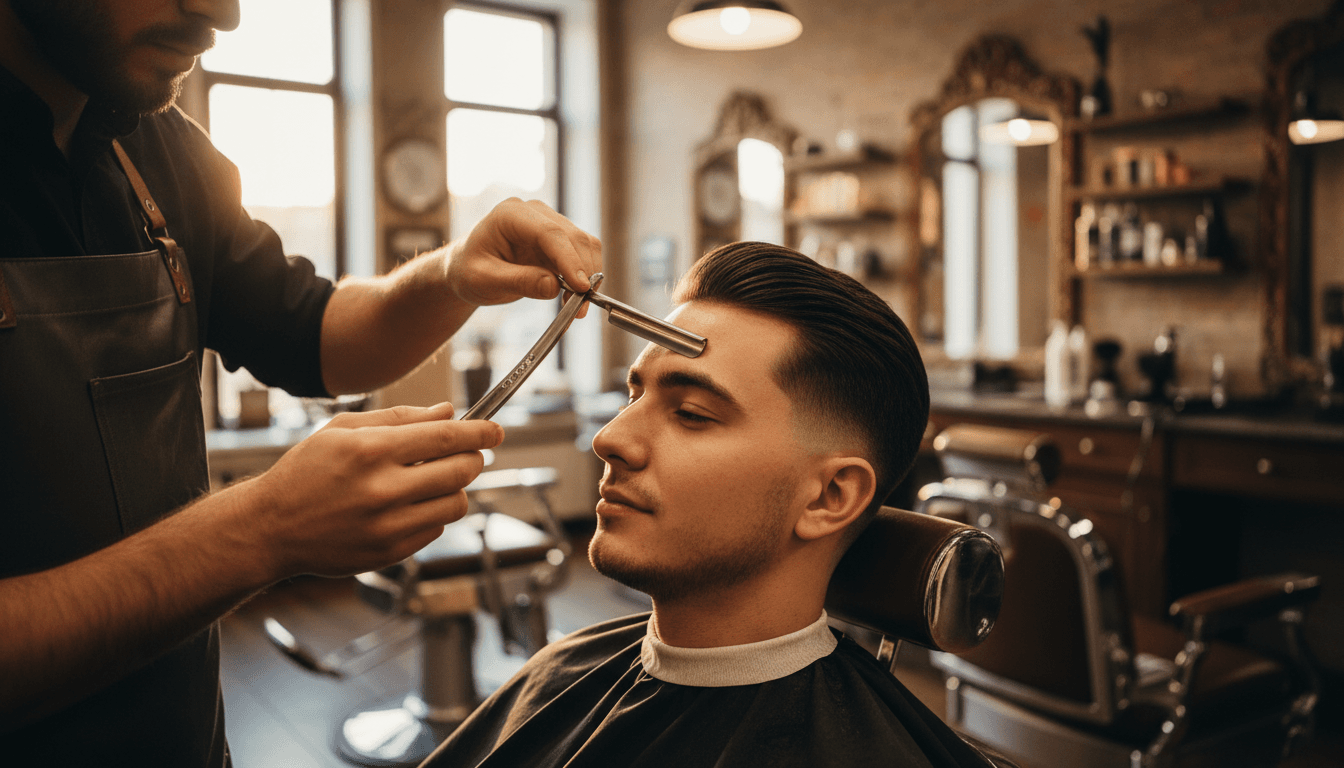 Professional barber performing precision fade work with straight razor on client in Dallas barbershop