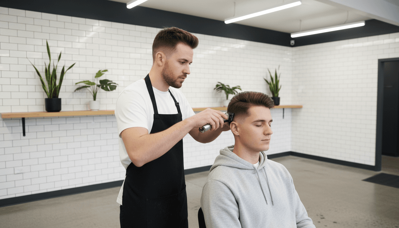 Barber using clippers on a client's fade haircut