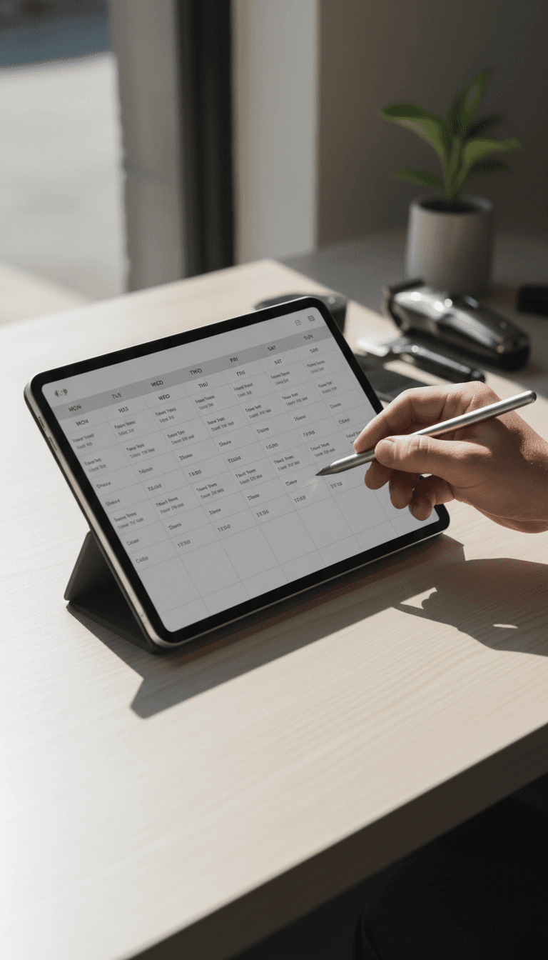 Barber reviewing upcoming appointments on tablet
