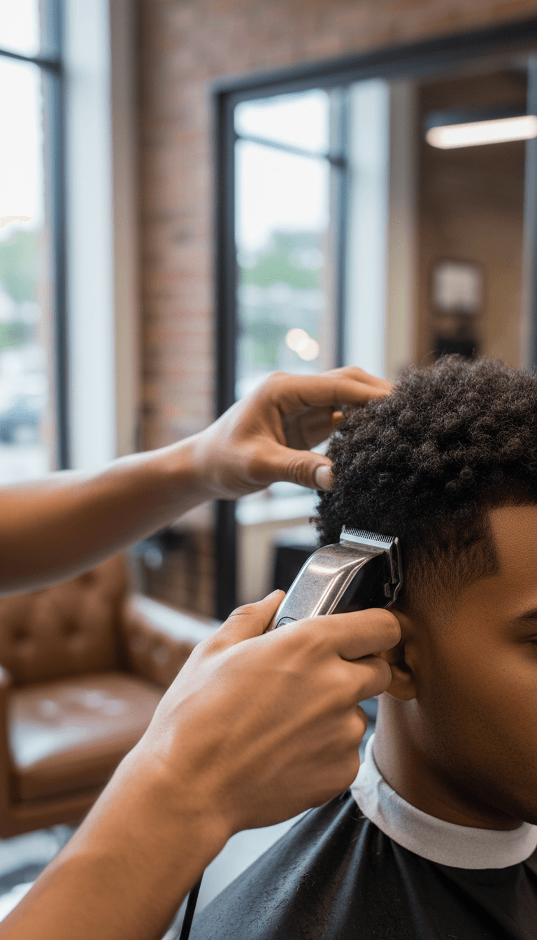 Barber performing precision fade haircut
