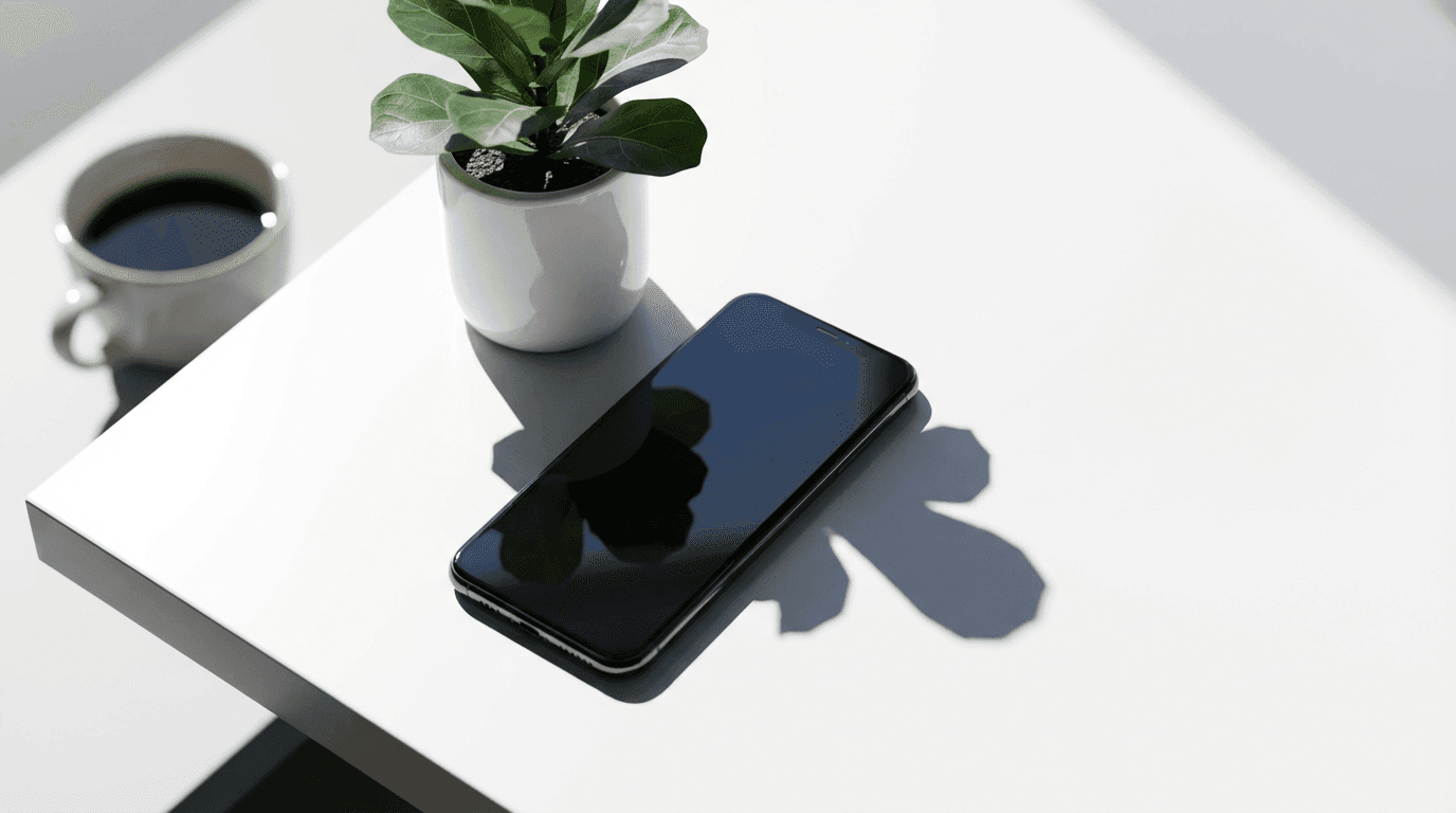 Minimalist workspace with smartphone displaying Reserva Now booking interface